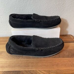 Lands’ End Womens Suede Moccasin Slippers Black Fleece Lined Comfort US 7